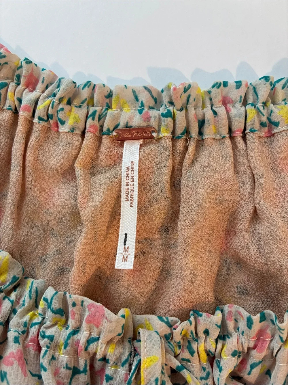 Free People sheer Yellow Pink Tan Floral Off Shoulder Dress